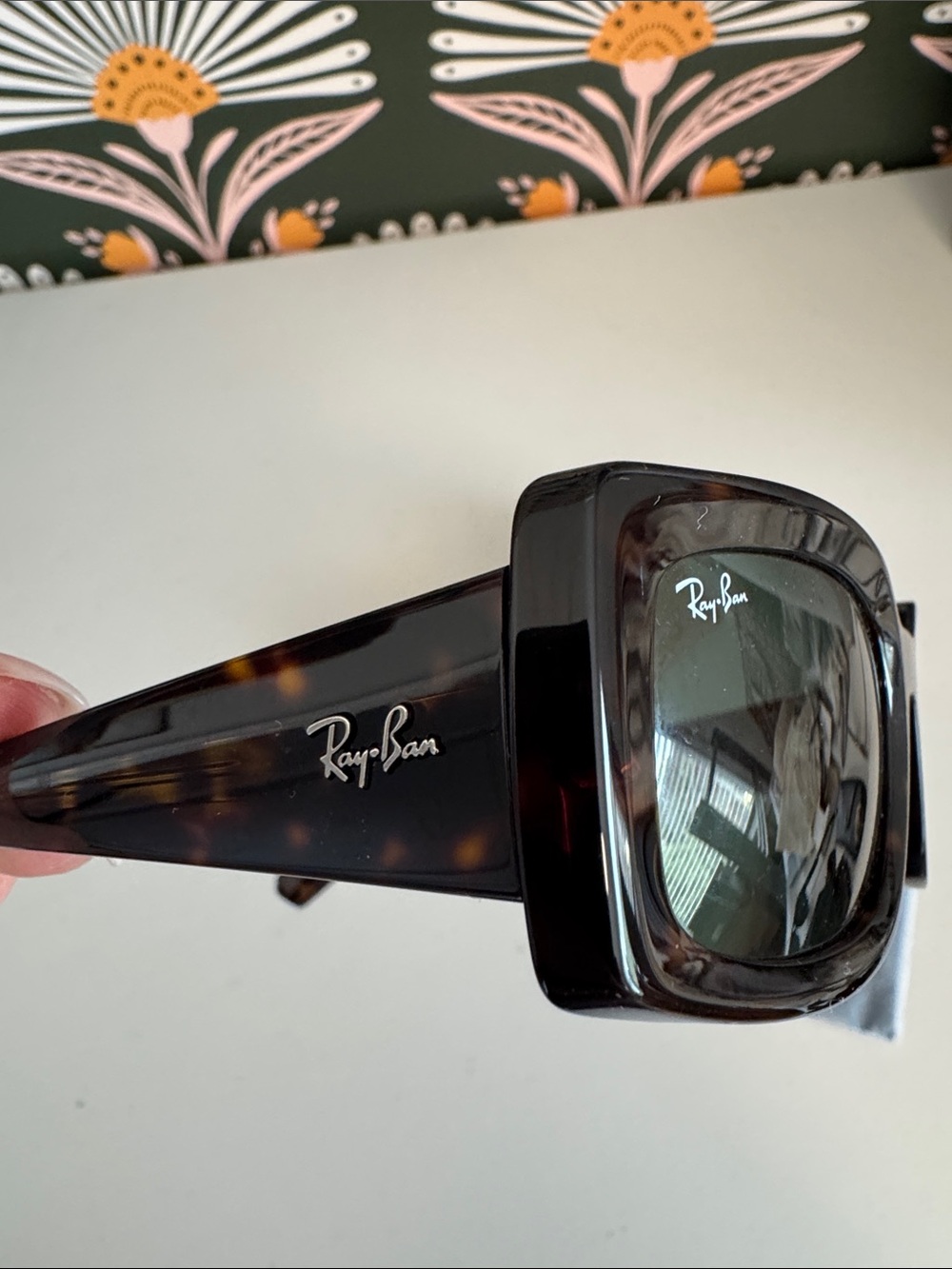 Ray-Ban Tortoiseshell Rectangular Sunglasses with Dark Green Lenses - Picture 2 of 14